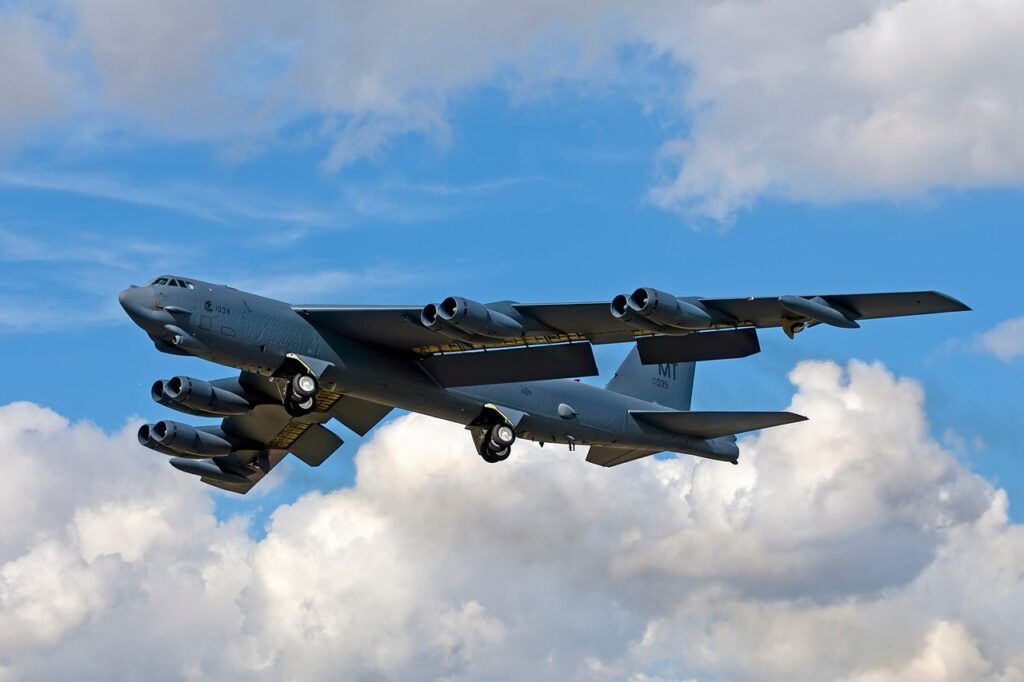 A United States Air Force Boeing B-52H Stratofortress Bomber, 61-0039, takes off.