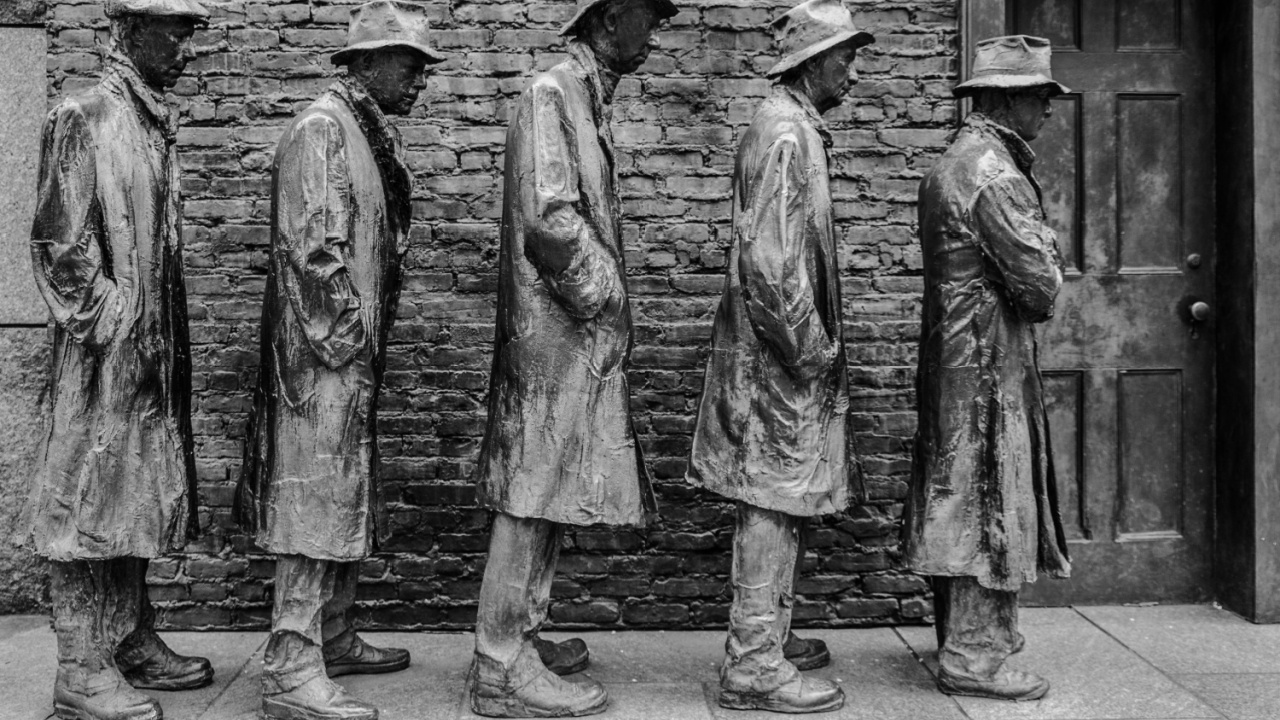 Washington DC - US - Mar 22, 2024 A black and white of people waiting in a bread line from the Great Depression, a part of the Franklin Delano Roosevelt Memorial, located on the Tidal Basin.