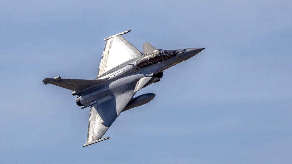 French Air Force Dassault Rafale on display at an airshow.