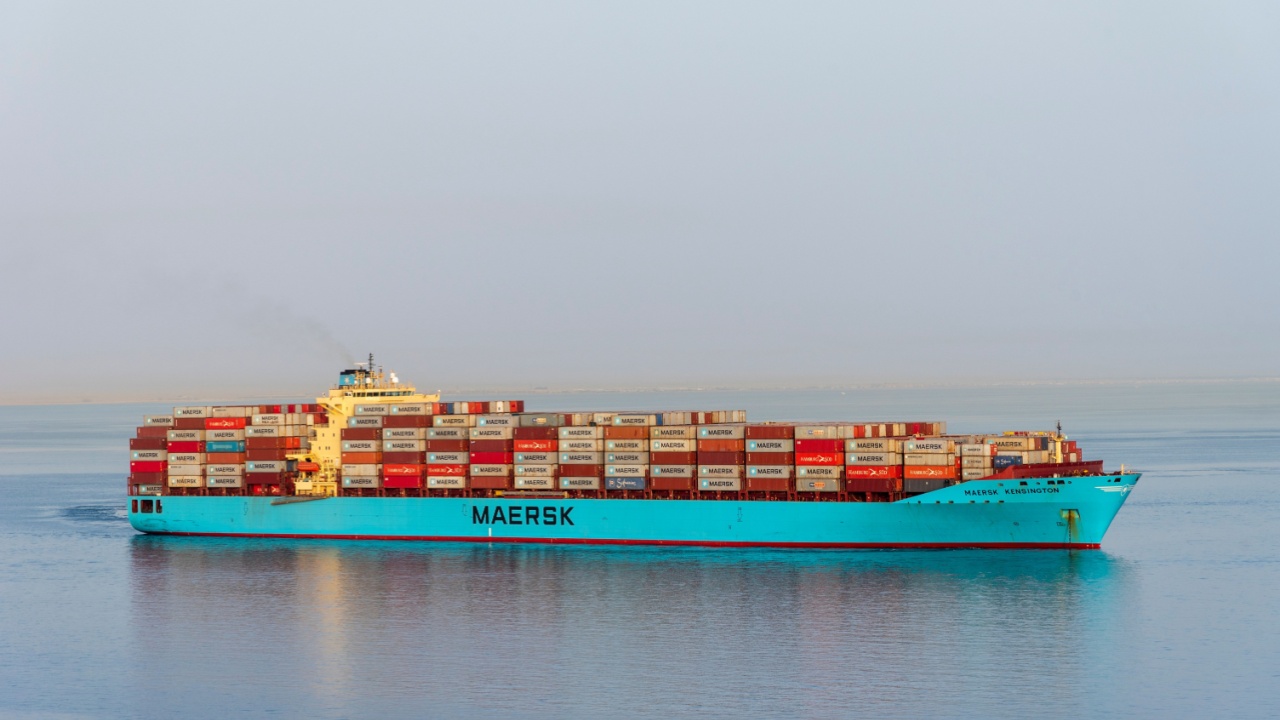 At sea, Red Sea - May 24, 2023: Large fully loaded container ship, owned by Maersk Line arriving to the Suez Canal.