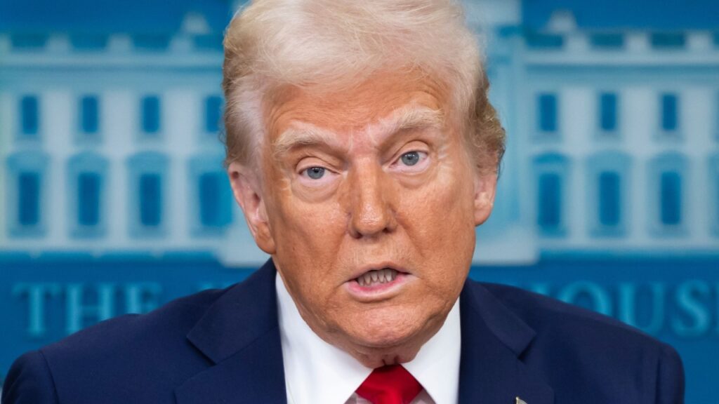 WASHINGTON –Jan 30 2025: President Donald Trump speaks at a White House press briefing after a Black Hawk helicopter collided with American Airlines flight 5342 by DCA airport.