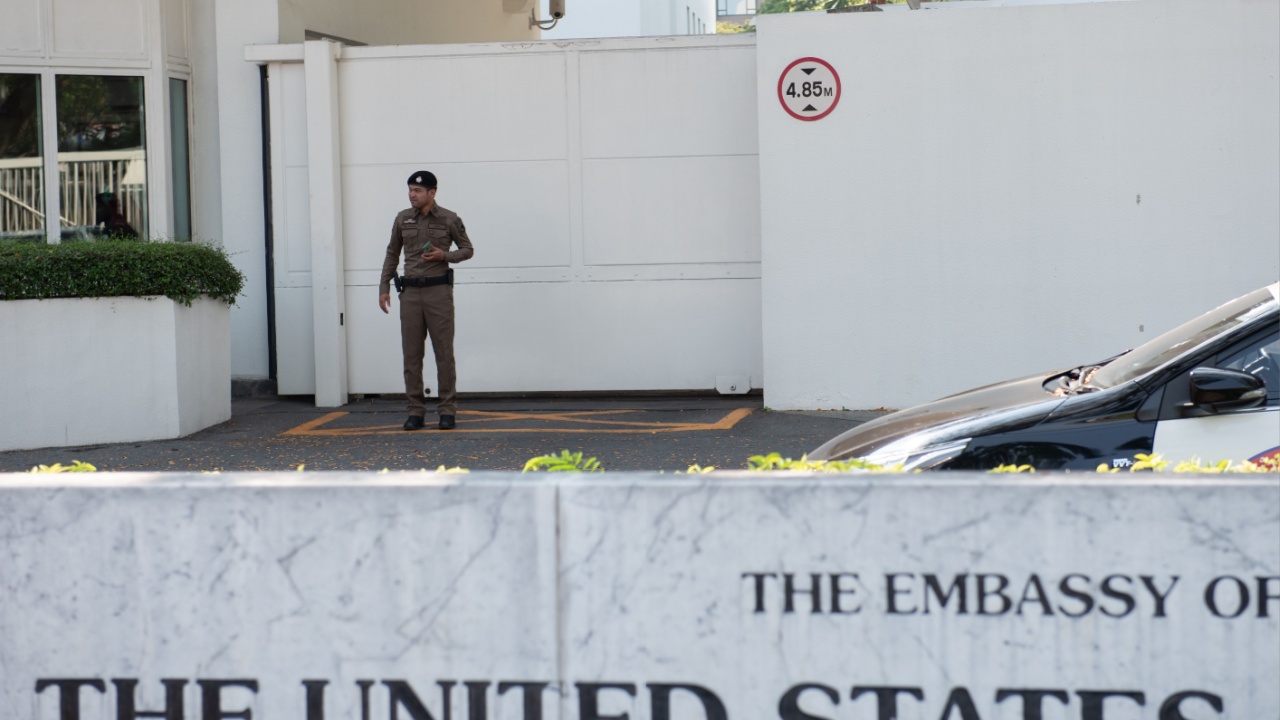 Bangkok, Thailand February 24, 2024 - Thai police secure the front of the U.S. Embassy Bangkok as protesters gathered in to call help create peace in Gaza Strip and end support for Israel.