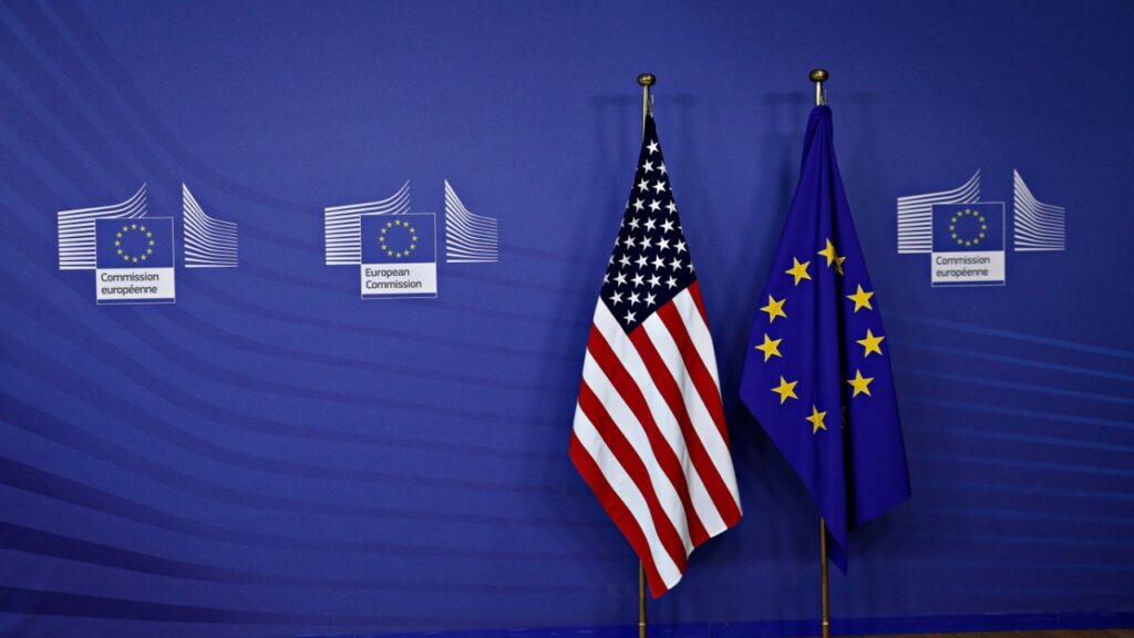 European flag and flag of the United States of America at the Headquarters of European Commission in Brussels, Belgium on Feb. 20, 2017.